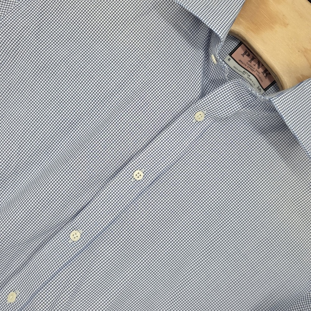 Thomas Pink London Mens Dress Shirt 16 Check 34 1/2 Long Sleeve French Cuff Blue
